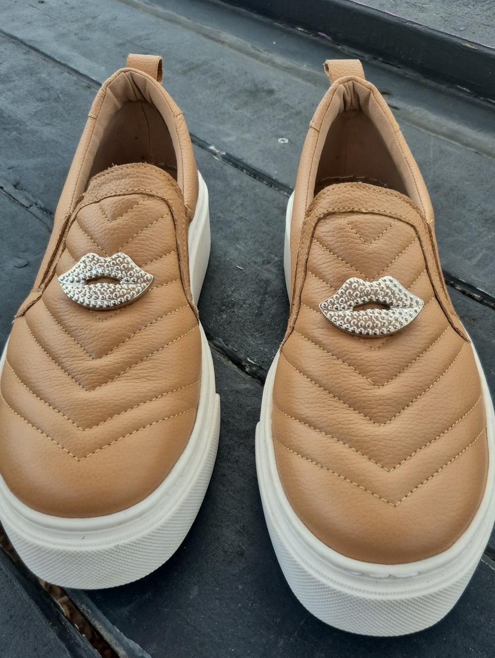 Michael Kors Tan Quilted Slip-On Platform Mules with Silver Lip Accent